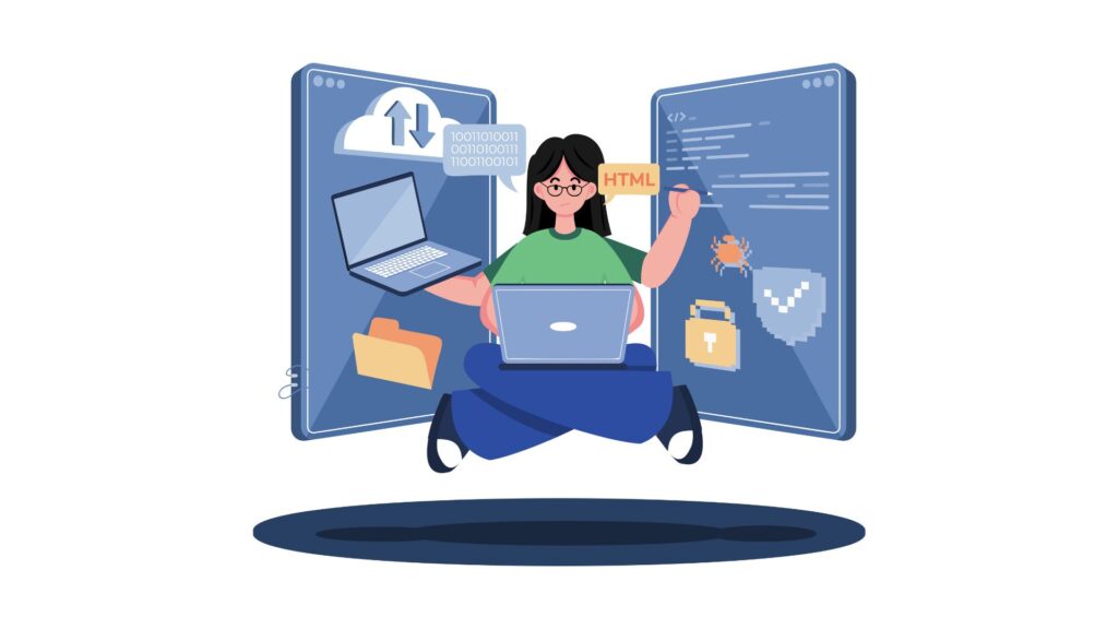 Ilustracja przedstawiająca kobietę pogrążoną w pisaniu kodu HTML.